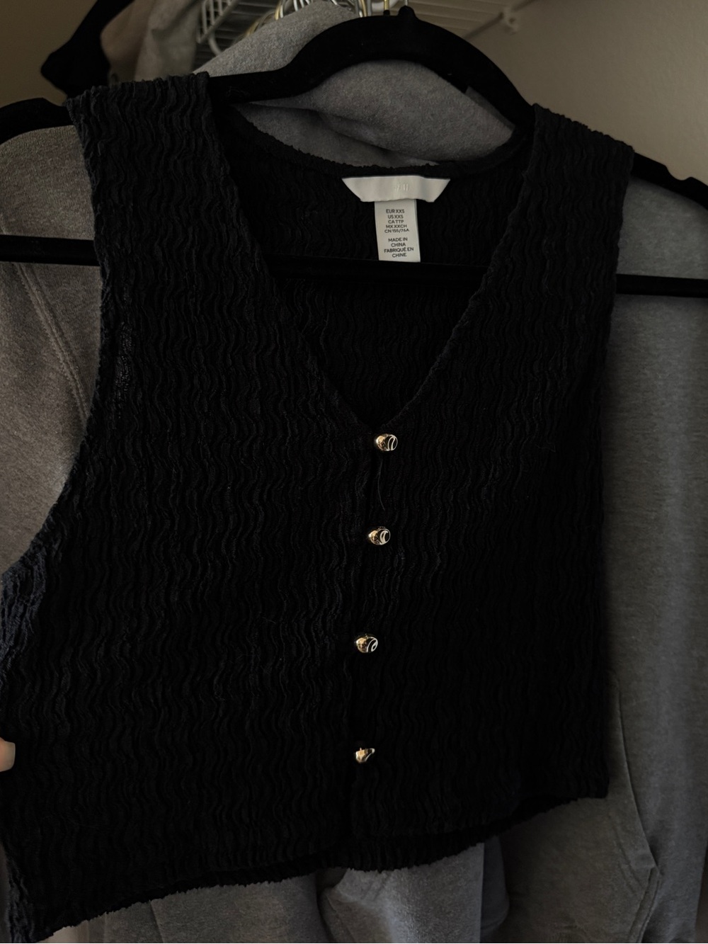 H&M Black Textured Cropped Tank with Gold Buttons